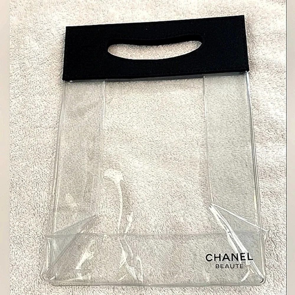 Chanel Clear Vinyl Tote Beaute Bag Black Top Handles Stadium See-through 10x7 In